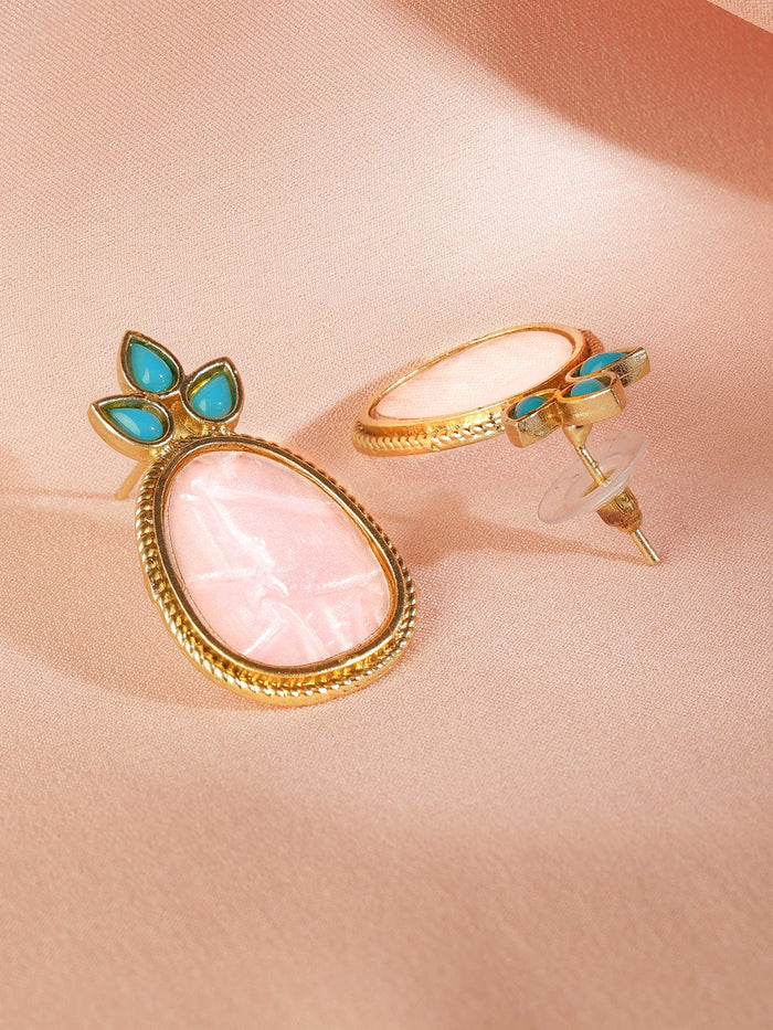 18K Gold Plated Turquoise Blue & Pale Pink Stone Drop Earrings with Golden Outline - Gold