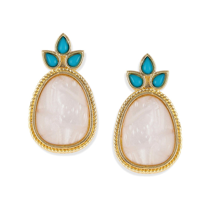 18K Gold Plated Turquoise Blue & Pale Pink Stone Drop Earrings with Golden Outline - Gold