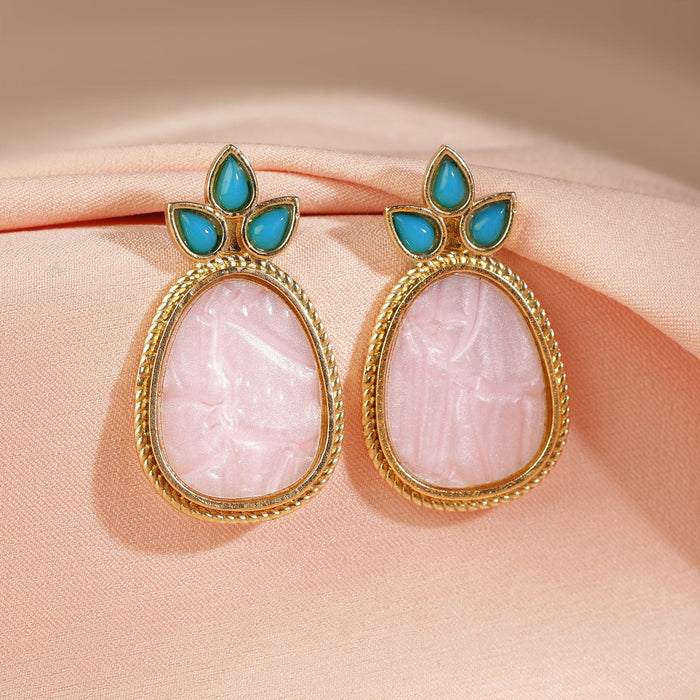18K Gold Plated Turquoise Blue & Pale Pink Stone Drop Earrings with Golden Outline - Gold