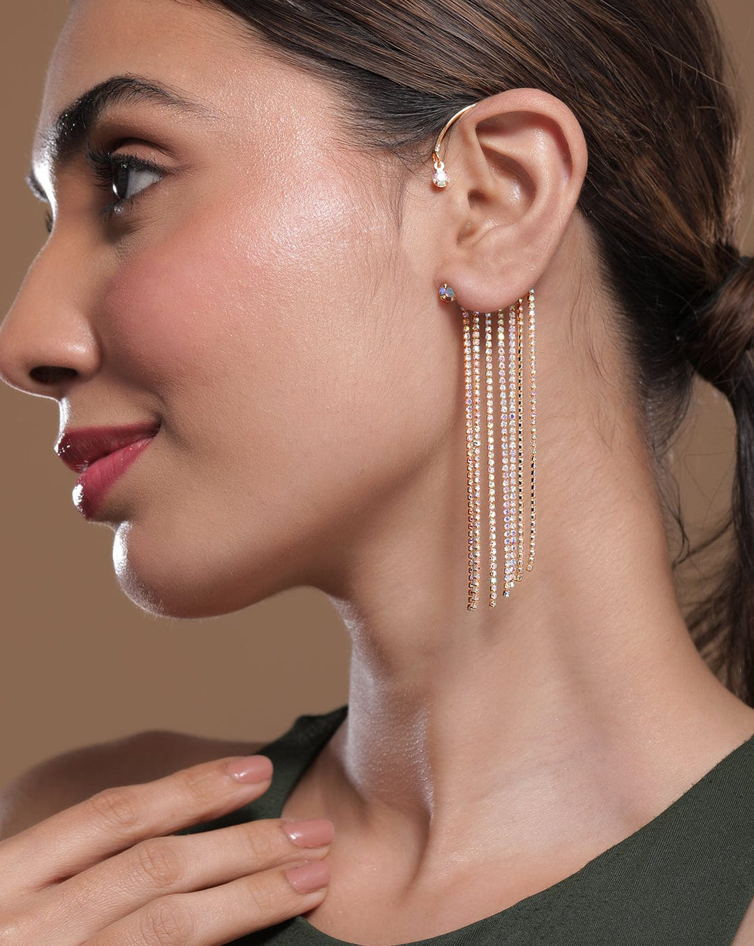 18K Gold Plated Zirconia Studded Multi-Layered Shoulder Duster Ear Cuff Earrings Ear Cuff