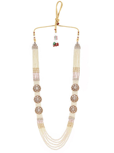 18K Gold toned AD & Kundan Studded cream pearl long necklace set Necklace