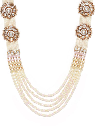 18K Gold toned AD & Kundan Studded cream pearl long necklace set Necklace