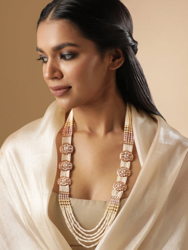 18K Gold toned AD & Kundan Studded cream pearl long necklace set Necklace