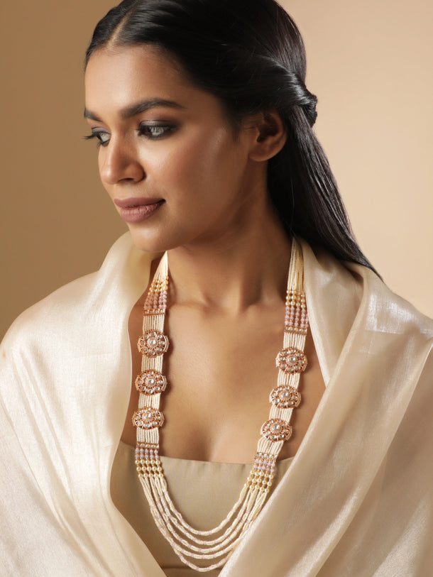 18K Gold toned AD & Kundan Studded cream pearl long necklace set Necklace