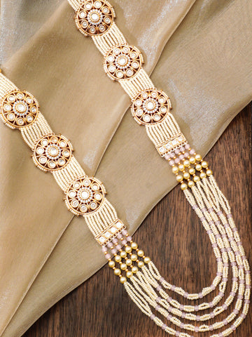 18K Gold toned AD & Kundan Studded cream pearl long necklace set Necklace