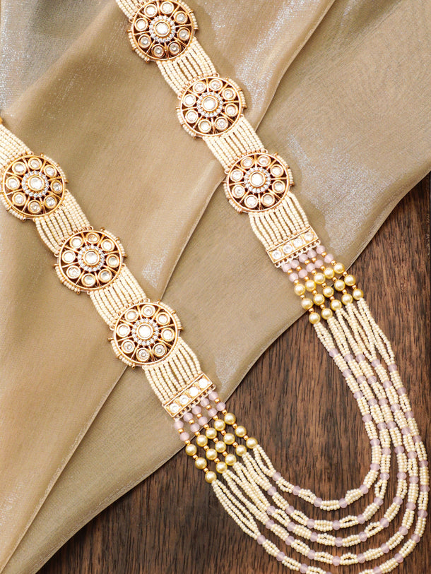 18K Gold toned AD & Kundan Studded cream pearl long necklace set Necklace