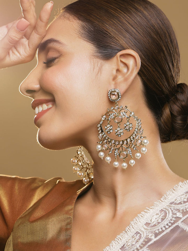 18K Light Gold Tone Plated Cubic Zirconia Studded Chandbali Earrings with Pearl Accents Chandbali Earrings