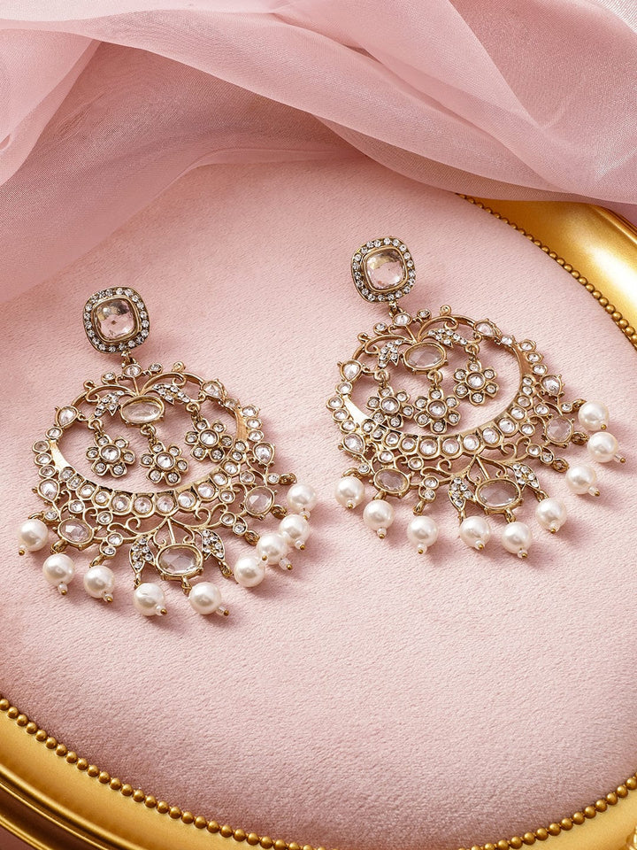 18K Light Gold Tone Plated Cubic Zirconia Studded Chandbali Earrings with Pearl Accents Chandbali Earrings