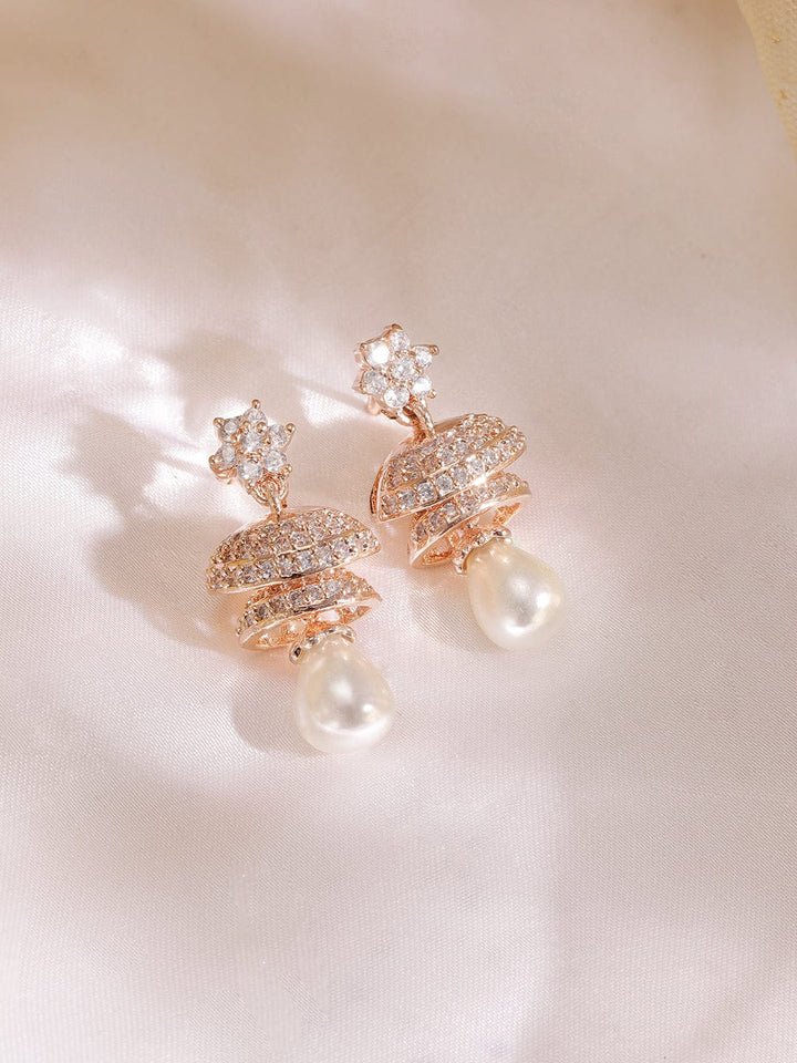 18K Rose gold pave zirconia studded pearl drop minimal jhumka earrings Earrings