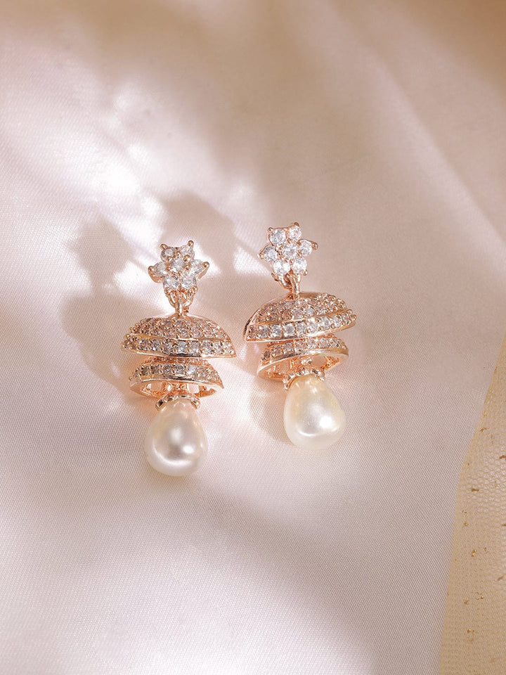 18K Rose gold pave zirconia studded pearl drop minimal jhumka earrings Earrings