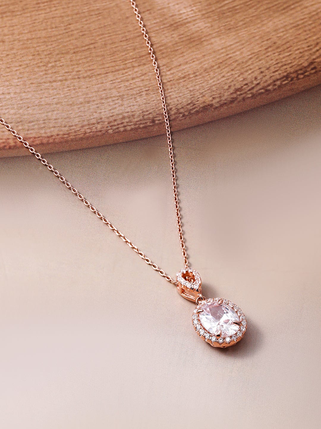 18K Rose Gold Plated AD & White Cubic Zirconia Studded Oval Pendant Necklace Necklace and Chains