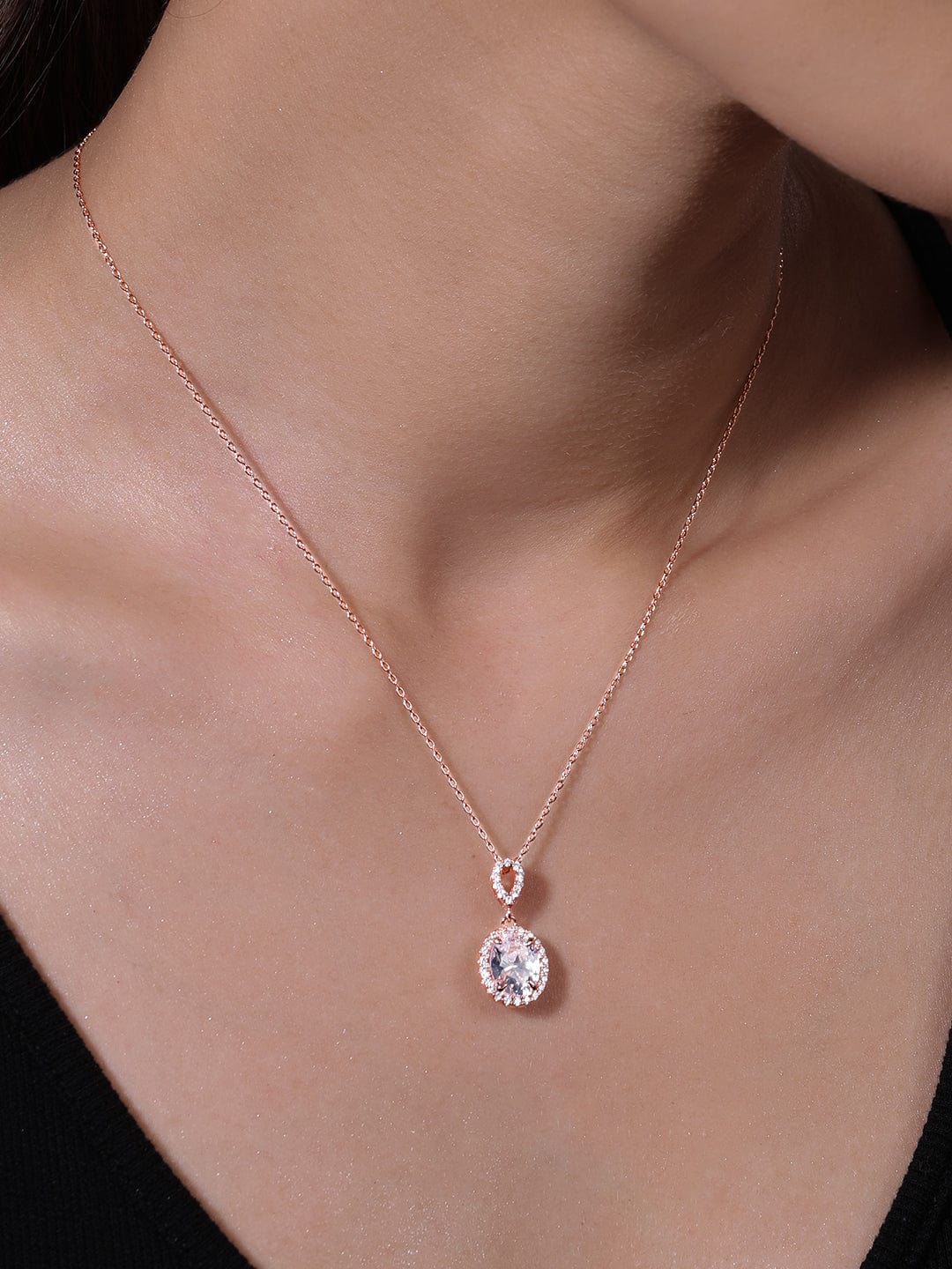 18K Rose Gold Plated AD & White Cubic Zirconia Studded Oval Pendant Necklace Necklace and Chains