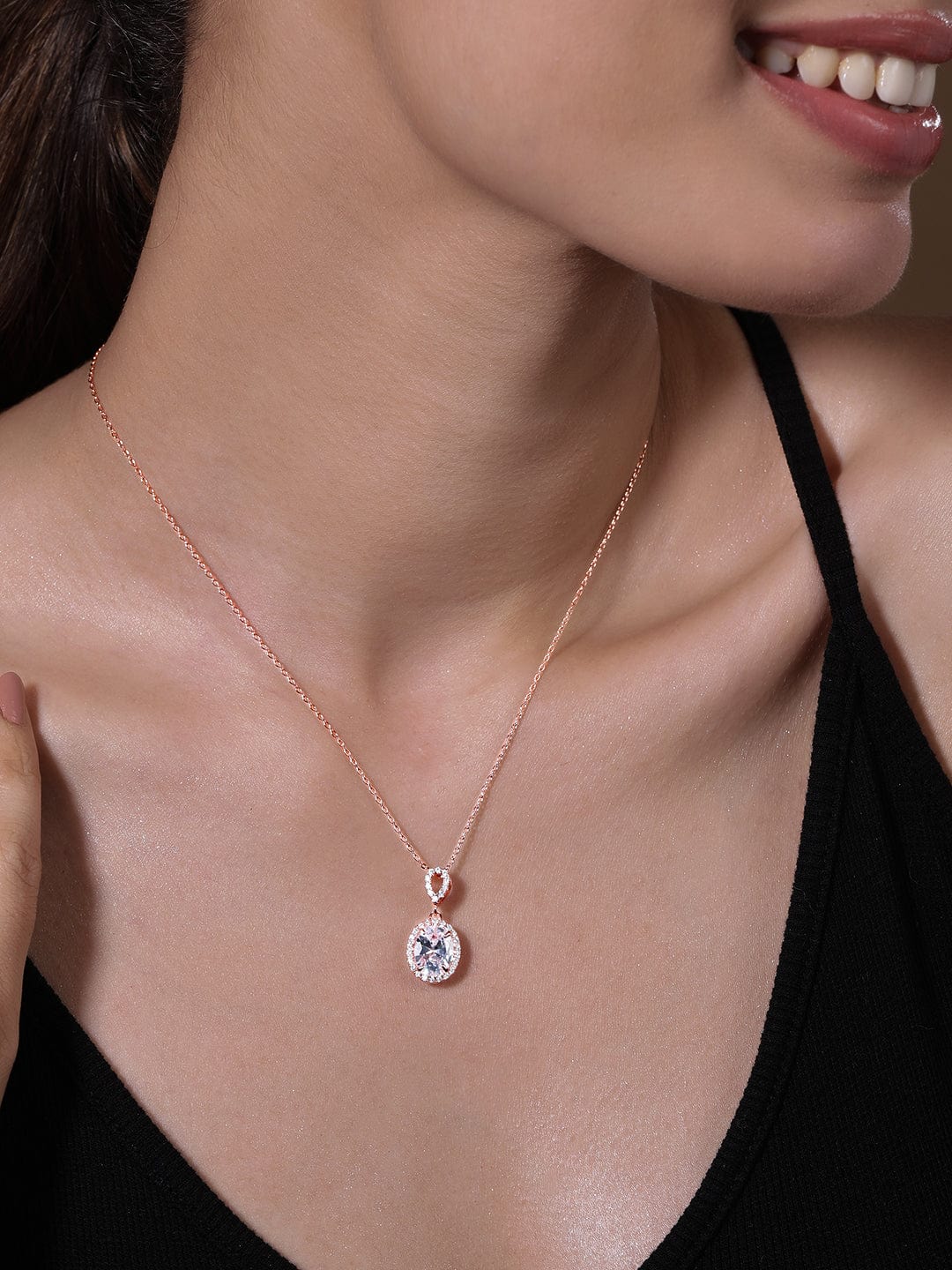 18K Rose Gold Plated AD & White Cubic Zirconia Studded Oval Pendant Necklace Necklace and Chains