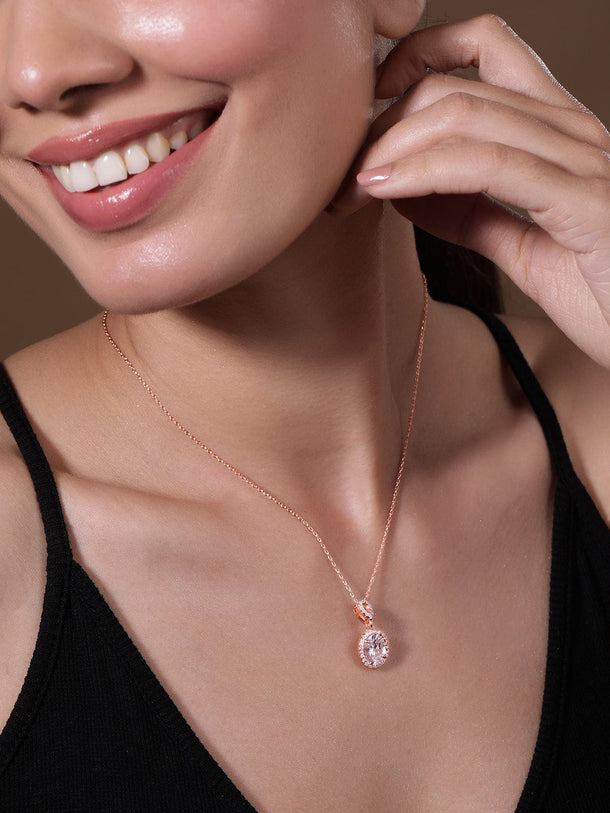 18K Rose Gold Plated AD & White Cubic Zirconia Studded Oval Pendant Necklace Necklace & Chains