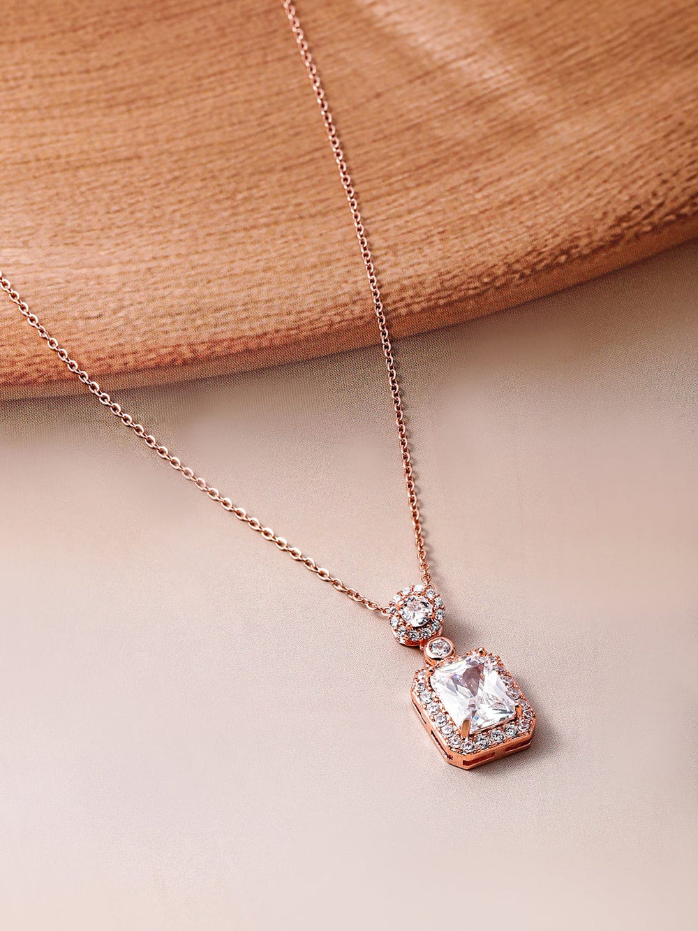 18K Rose Gold Plated AD & White Cubic Zirconia Studded Square Design Pendant Necklace Necklace and Chains