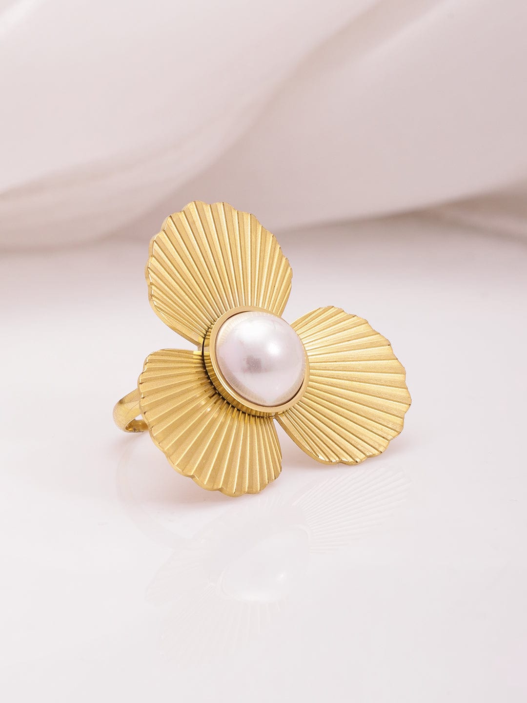 18KT Gold Plated Brass White Beaded Adjustable Finger Ring Ring