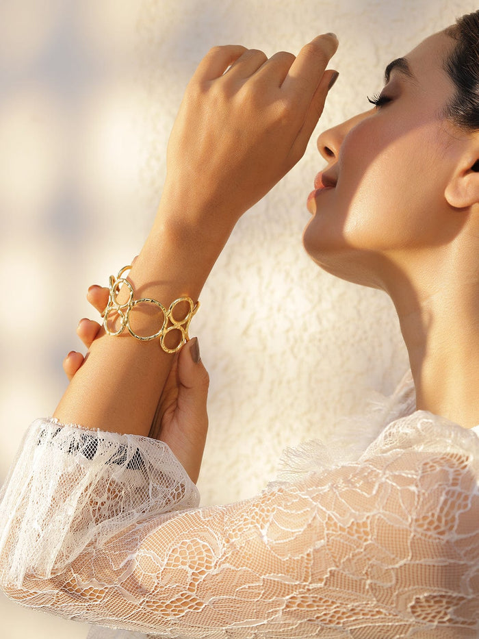 18KT Gold Plated Floral  Brass Bangle Style Bracelet - Gold