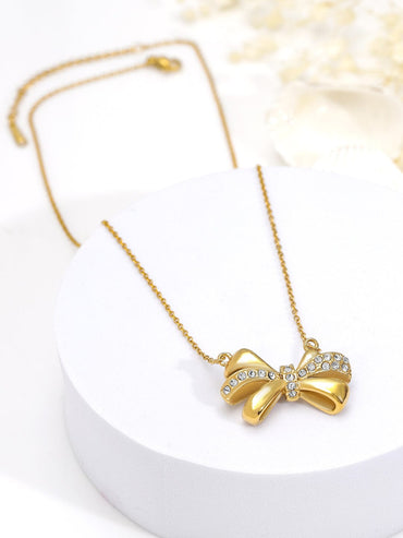 18KT Gold Plated Stainless Steel Tarnish-Free Waterproof Bow Pendant Necklace Necklace and Chains