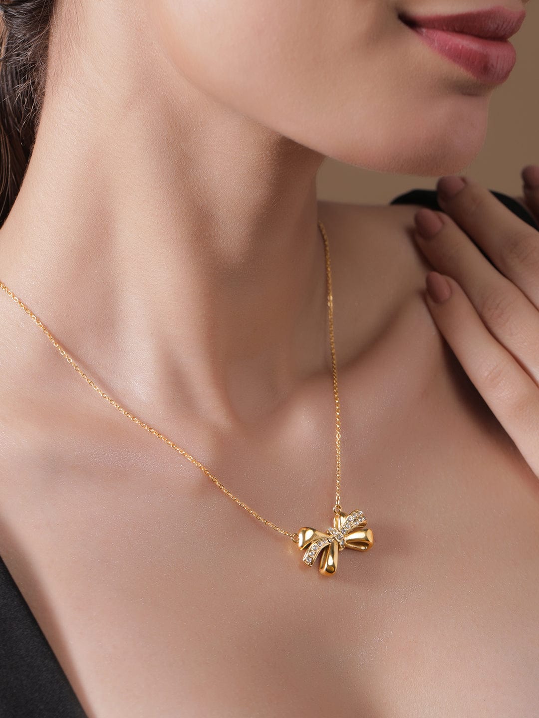 18KT Gold Plated Stainless Steel Tarnish-Free Waterproof Bow Pendant Necklace Necklace and Chains