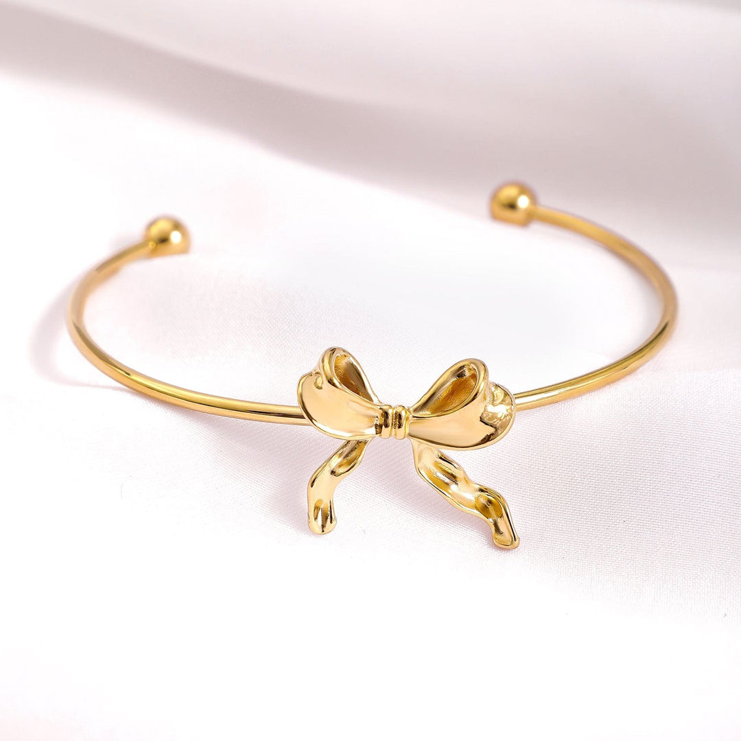 18KT Gold-Plated Stainless Steel Tarnish-Free Waterproof Bowknot Cuff Bracelet Bangles & Bracelets