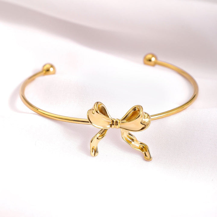 18KT Gold-Plated Stainless Steel Tarnish-Free Waterproof Bowknot Cuff Bracelet Bangles & Bracelets