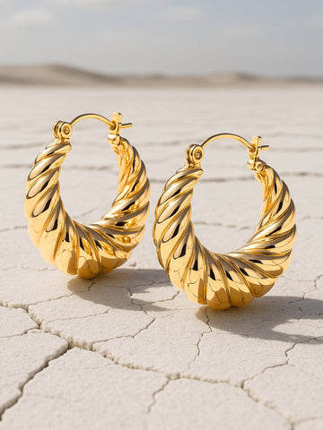 18KT Gold Plated Stainless Steel Tarnish-Free Waterproof Textured Hoop Earrings Earrings