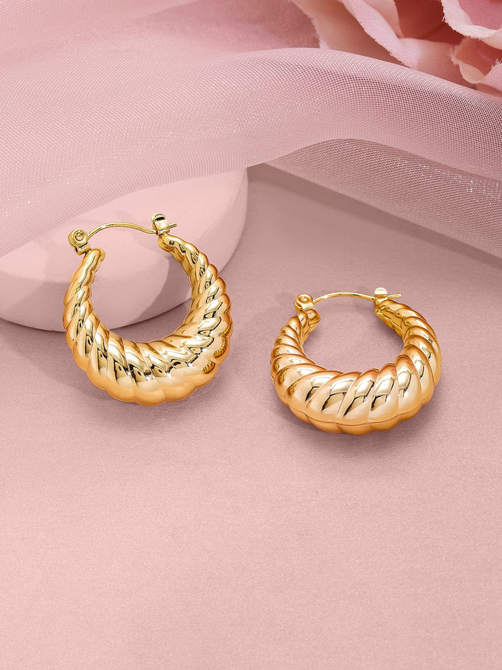 18KT Gold Plated Stainless Steel Tarnish-Free Waterproof Textured Hoop Earrings Earrings