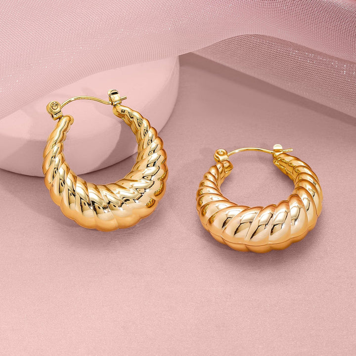 18KT Gold Plated Stainless Steel Tarnish-Free Waterproof Textured Hoop Earrings Earrings