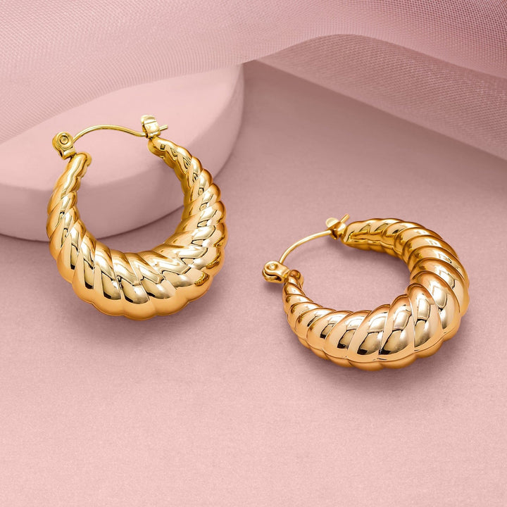 18KT Gold Plated Stainless Steel Tarnish-Free Waterproof Textured Hoop Earrings Earrings