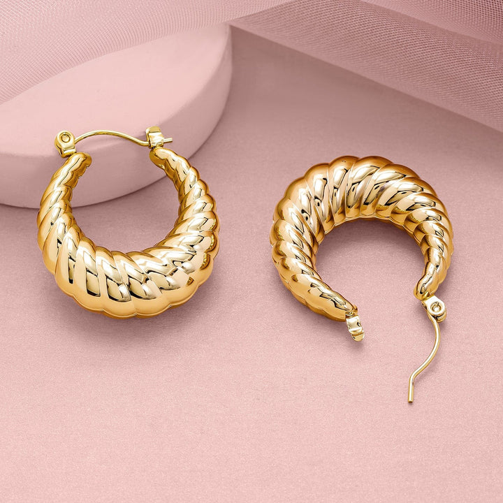 18KT Gold Plated Stainless Steel Tarnish-Free Waterproof Textured Hoop Earrings Earrings