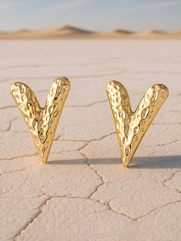 18KT Gold Plated Stainless Steel Tarnish-Free Waterproof Textured V-Shape Stud Earrings Earrings