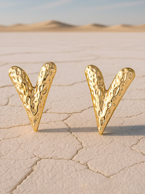 18KT Gold Plated Stainless Steel Tarnish-Free Waterproof Textured V-Shape Stud Earrings Earrings