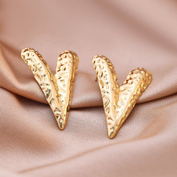 18KT Gold Plated Stainless Steel Tarnish-Free Waterproof Textured V-Shape Stud Earrings Earrings