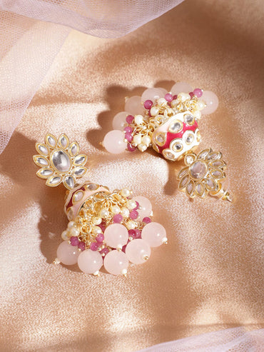 18KT Gold-Plated Stones Studded  Beads Beaded Dome Shaped Jhumkas Earrings