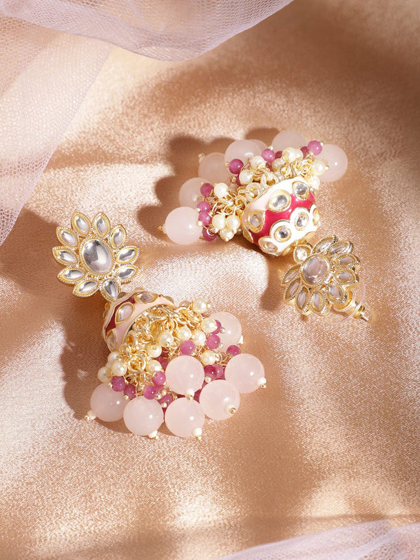 18KT Gold-Plated Stones Studded  Beads Beaded Dome Shaped Jhumkas Earrings