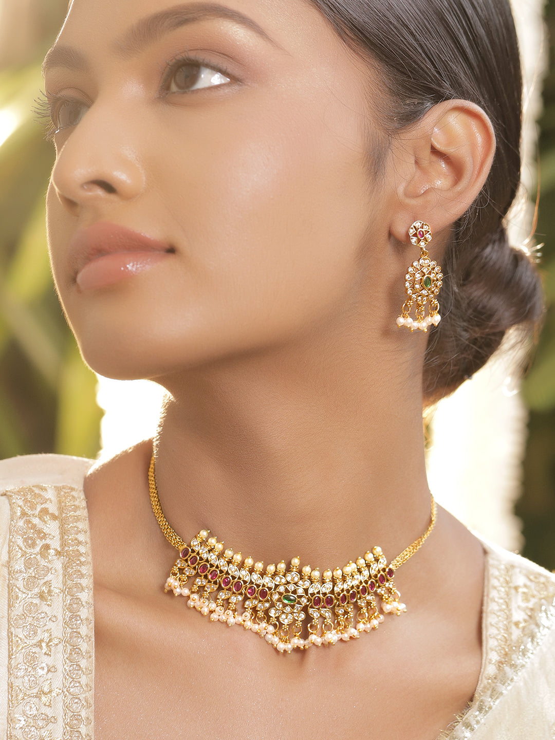 Multicolor Studded Pearl Drop Gold Necklace Set