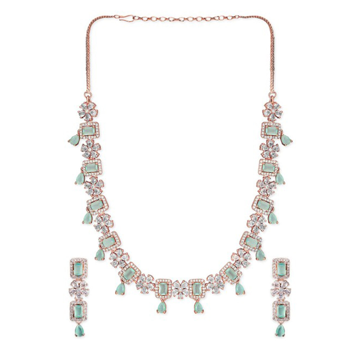 Rubans 22K Rose Gold Plated Mint Green Sapphire & Cubic Zirconia Studded Jewelry Set Design
