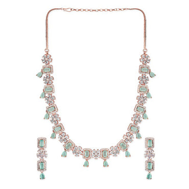 Rubans 22K Rose Gold Plated Mint Green Sapphire & Cubic Zirconia Studded Jewelry Set Design