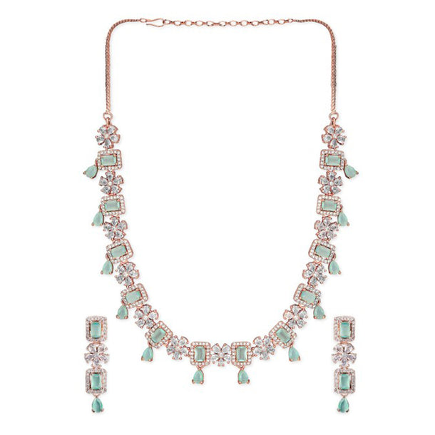 Rubans 22K Rose Gold Plated Mint Green Sapphire & Cubic Zirconia Studded Jewelry Set Design