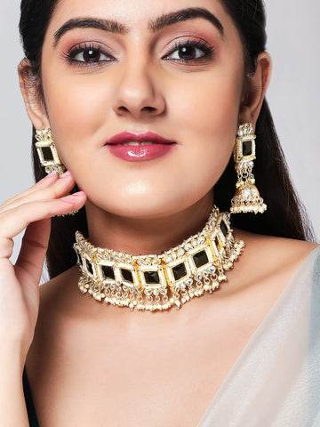 22K Gold-Plated Black Stone Kundan Choker Set with Pearls and Matching Jhumka Earrings Jewellery Set