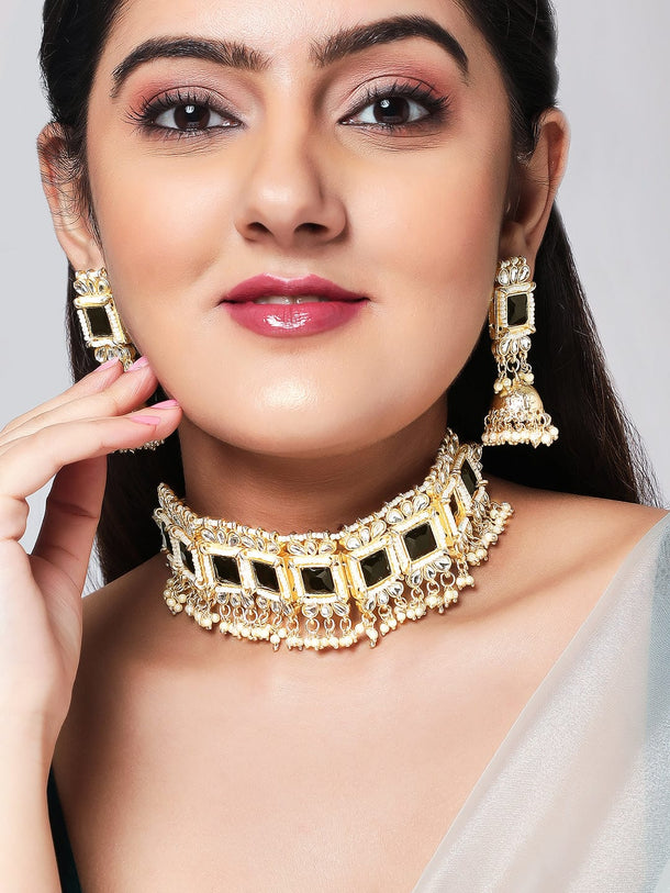 22K Gold-Plated Black Stone Kundan Choker Set with Pearls and Matching Jhumka Earrings Jewellery Set