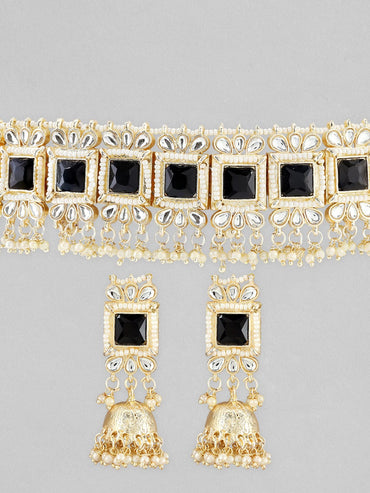 22K Gold-Plated Black Stone Kundan Choker Set with Pearls and Matching Jhumka Earrings Jewellery Set