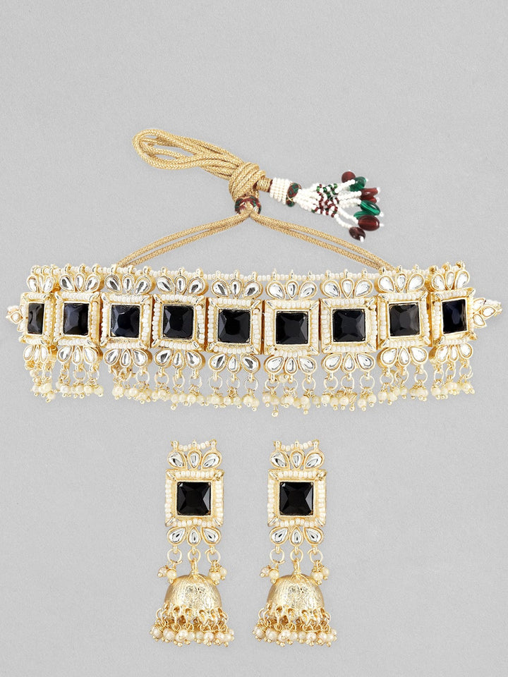 22K Gold-Plated Black Stone Kundan Choker Set with Pearls and Matching Jhumka Earrings Necklace Set