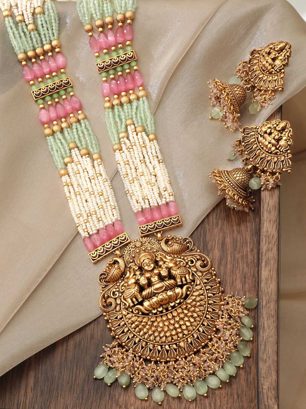 22K Gold Plated Captivating Pastel & Pearl Beaded Handcrafted Temple Jewellery Set Jewellery Sets