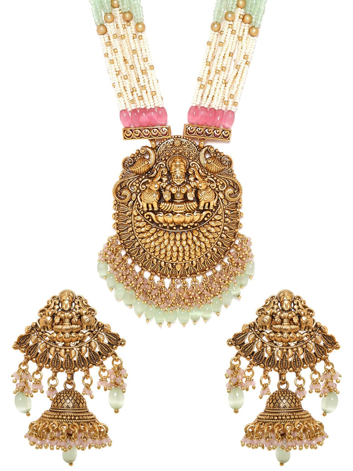22K Gold Plated Captivating Pastel & Pearl Beaded Handcrafted Temple Jewellery Set Jewellery Sets