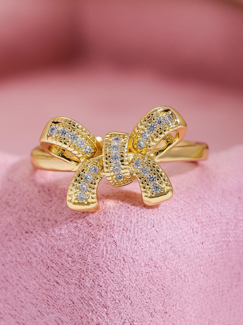 22K Gold Plated Cubic Zirconia Studded Bow Design Adjustable Finger Ring Ring