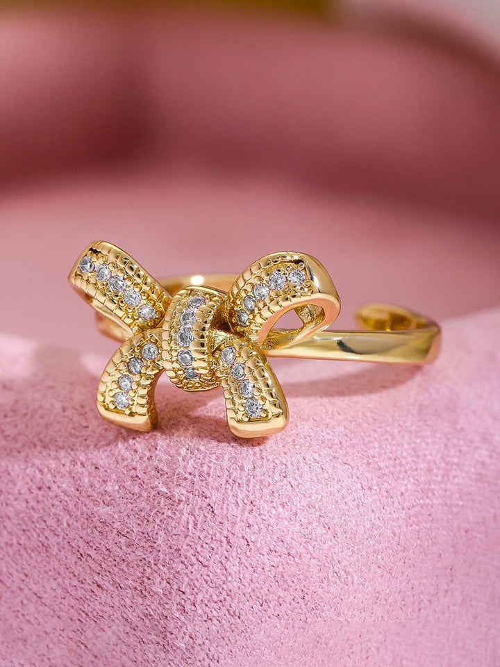 22K Gold Plated Cubic Zirconia Studded Bow Design Adjustable Finger Ring Ring