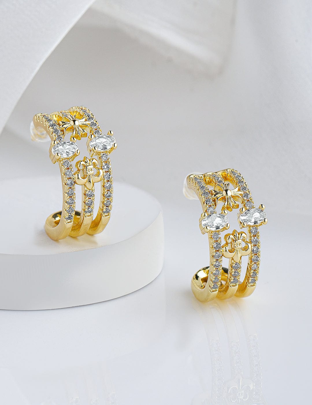 22K Gold Plated Cubic Zirconia Studded Floral Half Hoop Earrings Hoop Earrings