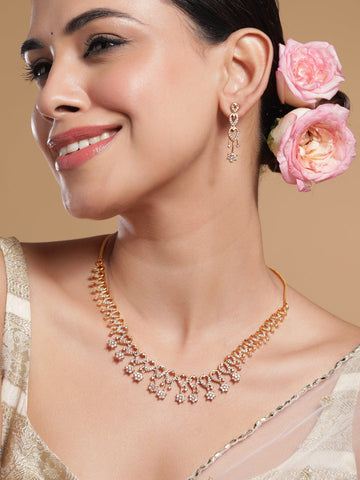 22K Gold-Plated Cubic Zirconia Studded Flower Motif Necklace Set Necklace Set