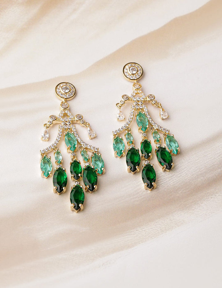 22K Gold-Plated Emerald & Aqua Green AD & Cubic Zirconia Studded Chandelier Earrings Chandbalis